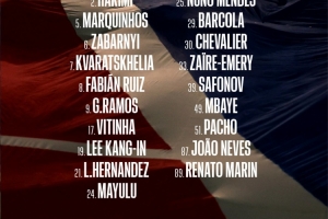 巴黎公布欧冠战亚特兰大大名单：维蒂尼亚领袖，登贝莱、杜埃缺席