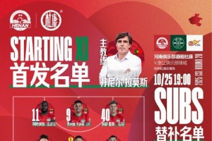 2025华润饮料中超联赛第28轮 河南VS浙江 首发及替补队员名单